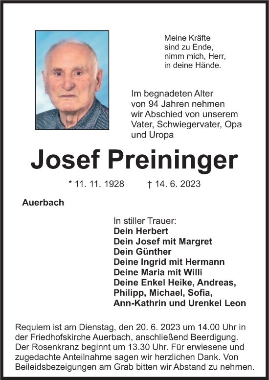 Traueranzeige von Josef Preininger von Nordbayerische Nachrichten Pegnitz Lokal