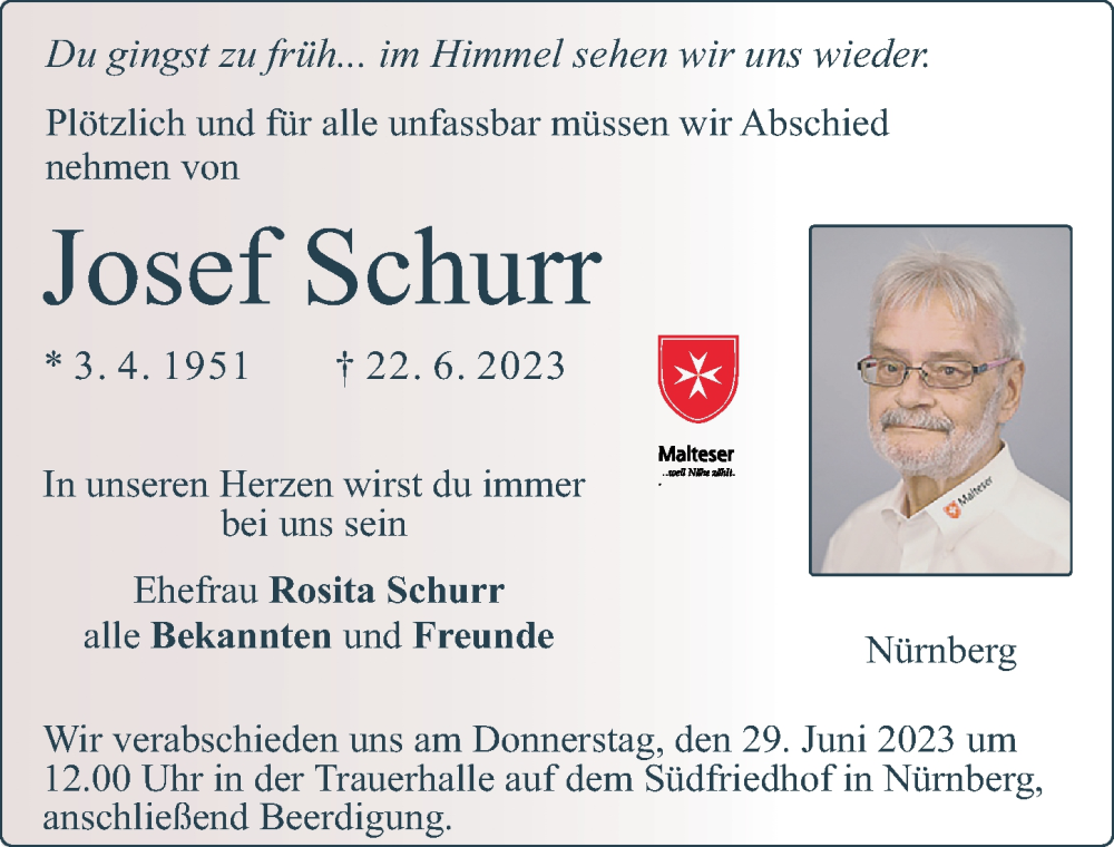  Traueranzeige für Josef Schurr vom 28.06.2023 aus Neumarkter Nachrichten Lokal