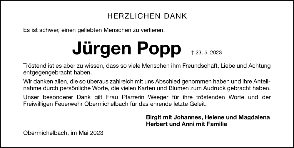  Traueranzeige für Jürgen Popp vom 17.06.2023 aus Fürther Nachrichten/ Erlanger Nachrichten