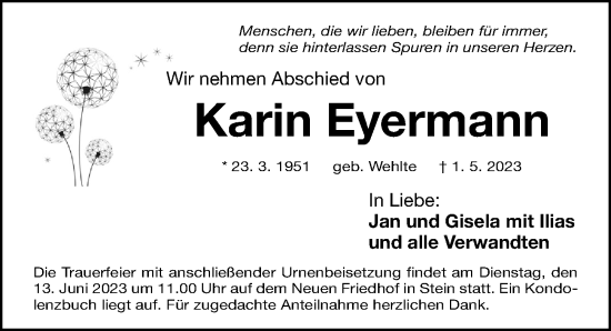 Traueranzeige von Karin Eyermann von Gesamtausgabe Nürnberger Nachrichten/ Nürnberger Ztg.