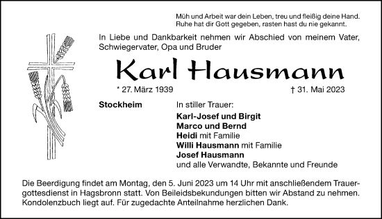 Traueranzeige von Karl Hausmann von Altmühl-Bote Lokal/ Roth-Hilpoltsteiner Volkszeitung