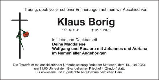 Traueranzeige von Klaus Borig von Gesamtausgabe Nürnberger Nachrichten/ Nürnberger Ztg.