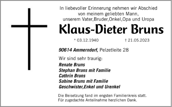 Traueranzeige von Klaus-Dieter Bruns von Fürther Nachrichten Lokal