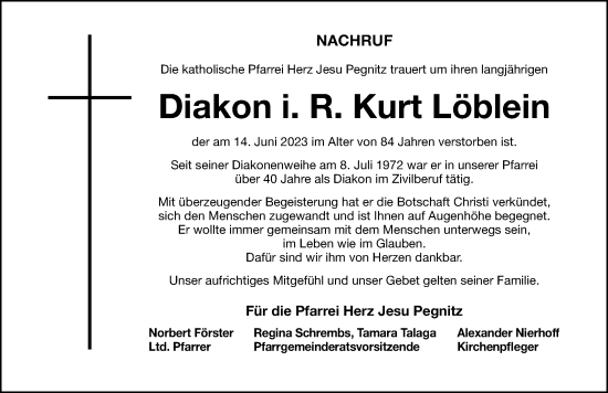 Traueranzeige von Kurt Löblein von Nordbayerische Nachrichten Pegnitz Lokal