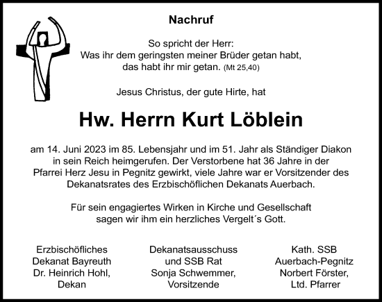 Traueranzeige von Kurt Löblein von Nordbayerische Nachrichten Pegnitz Lokal