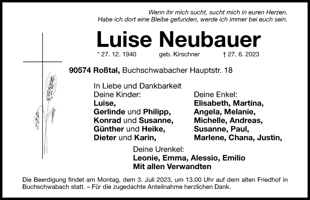  Traueranzeige für Luise Neubauer vom 30.06.2023 aus Fürther Nachrichten Lokal