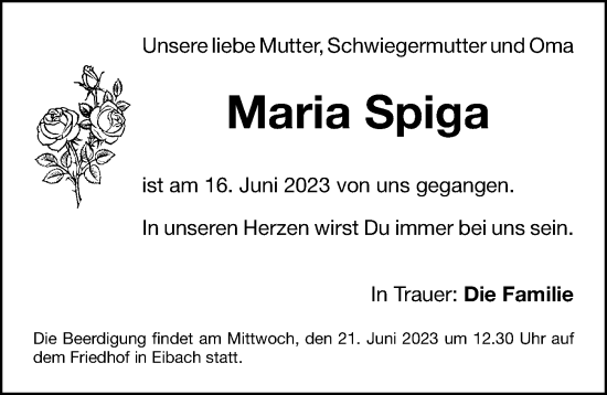 Traueranzeige von Maria Spiga von Gesamtausgabe Nürnberger Nachrichten/ Nürnberger Ztg.