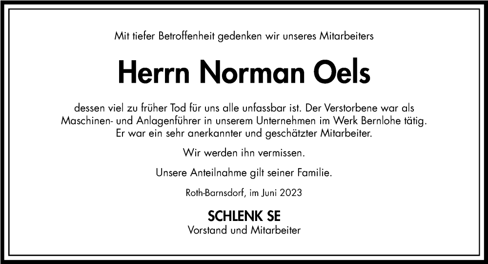  Traueranzeige für Norman Oels vom 14.06.2023 aus Roth-Hilpoltsteiner Volkszeitung Lokal