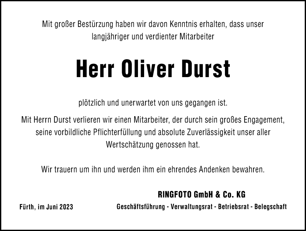  Traueranzeige für Oliver Durst vom 17.06.2023 aus Gesamtausgabe Nürnberger Nachrichten/ Nürnberger Ztg.