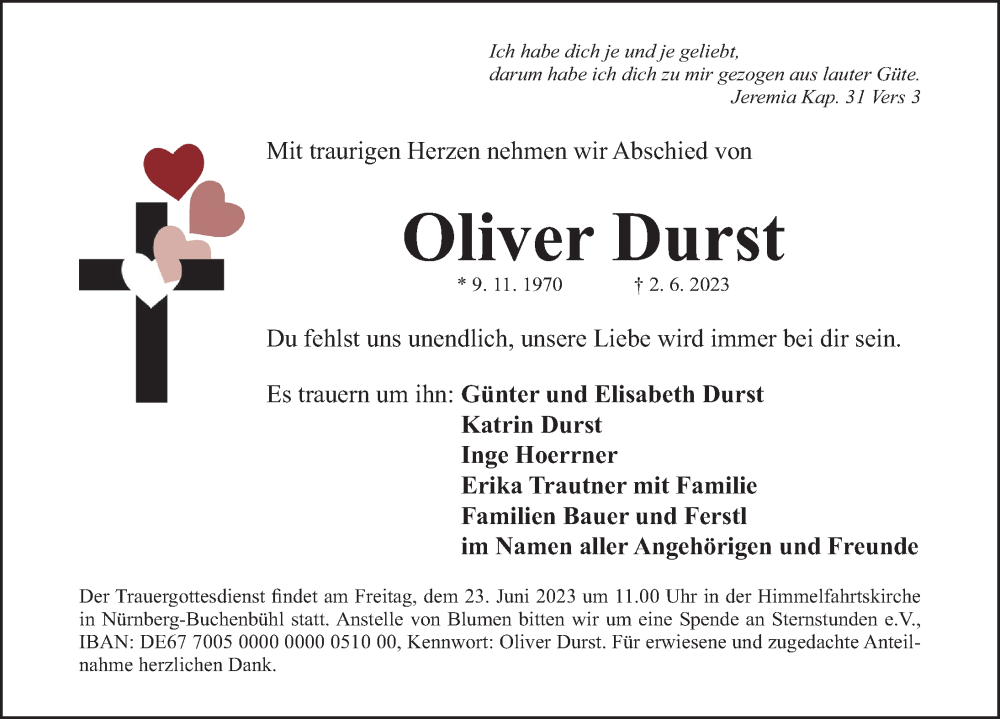  Traueranzeige für Oliver Durst vom 17.06.2023 aus Gesamtausgabe Nürnberger Nachrichten/ Nürnberger Ztg.