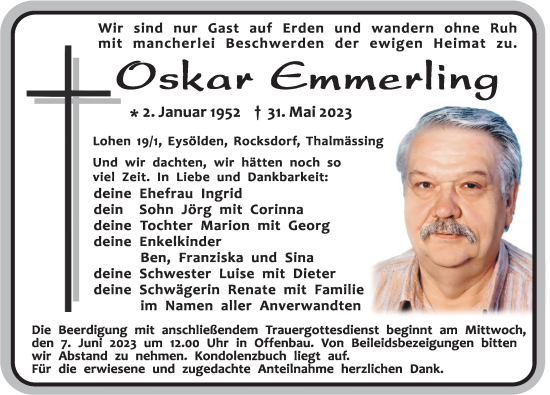 Traueranzeige von Oskar Emmerling von Roth-Hilpoltsteiner Volkszeitung Lokal