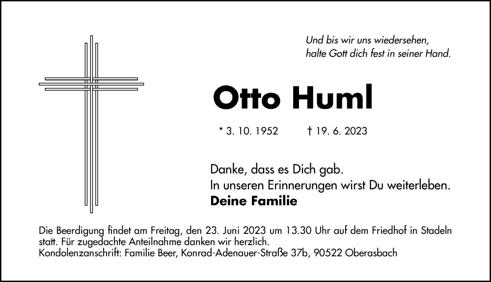  Traueranzeige für Otto Huml vom 22.06.2023 aus Fürther Nachrichten Lokal