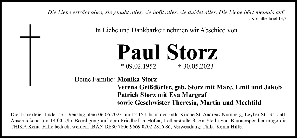  Traueranzeige für Paul Storz vom 03.06.2023 aus Gesamtausgabe Nürnberger Nachrichten/ Nürnberger Ztg.
