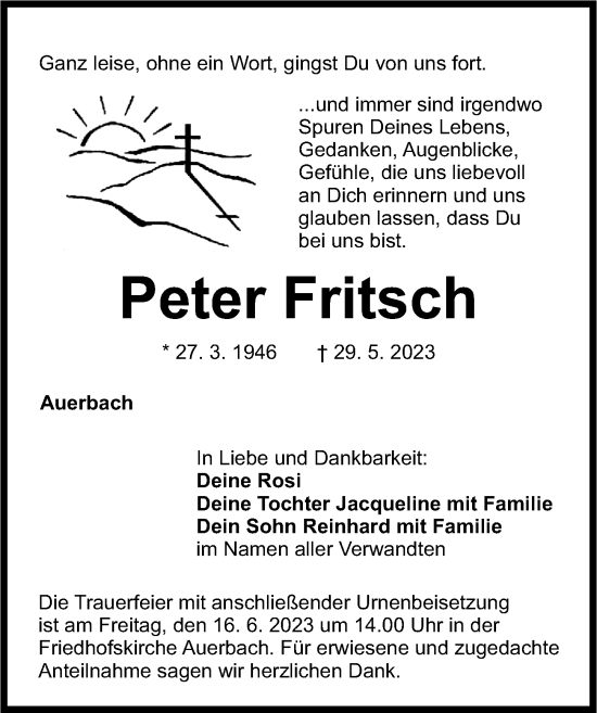 Traueranzeige von Peter Fritsch von Nordbayerische Nachrichten Pegnitz Lokal