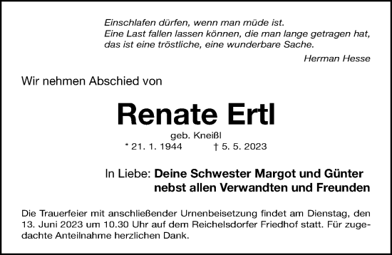 Traueranzeige von Renate Ertl von Gesamtausgabe Nürnberger Nachrichten/ Nürnberger Ztg.