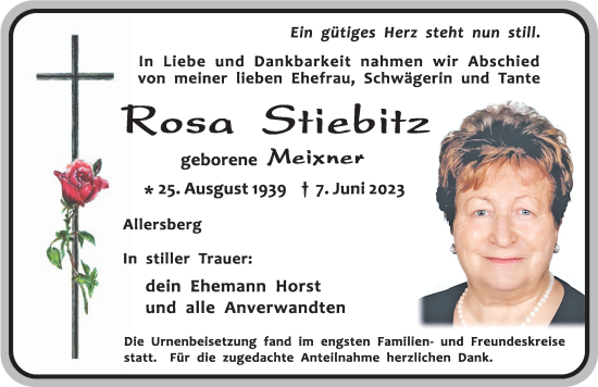 Traueranzeige von Rosa Stiebitz von Roth-Hilpoltsteiner Volkszeitung Lokal