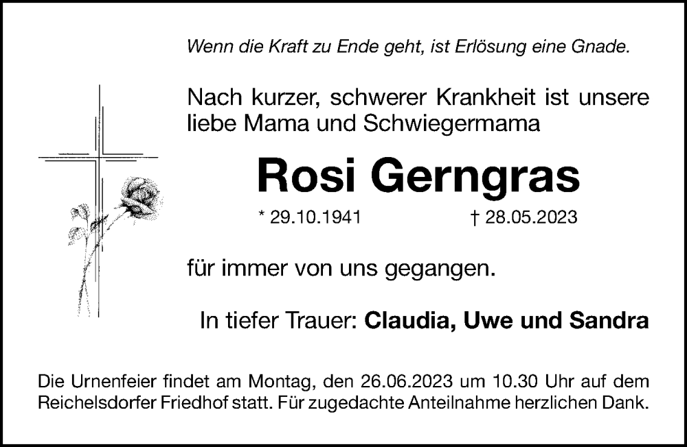  Traueranzeige für Rosi Gerngras vom 24.06.2023 aus Gesamtausgabe Nürnberger Nachrichten/ Nürnberger Ztg.
