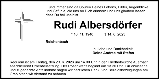 Traueranzeige von Rudi Albersdörfer von Nordbayerische Nachrichten Pegnitz Lokal