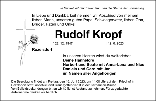 Traueranzeige von Rudolf Kropf von Nordbayerische Nachrichten Herzogenaurach Lokal