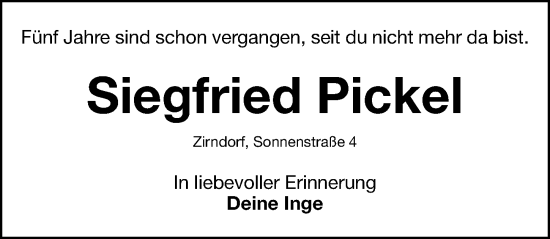 Traueranzeige von Siegfried Pickel von Fürther Nachrichten Lokal