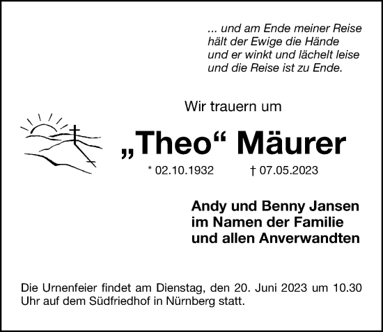 Traueranzeige von Theo Mäurer von Gesamtausgabe Nürnberger Nachrichten/ Nürnberger Ztg.