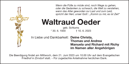 Traueranzeige von Waltraud Oeder von Fürther Nachrichten Lokal