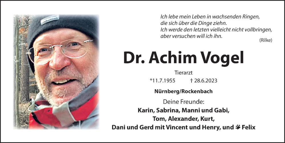  Traueranzeige für Achim Vogel vom 15.07.2023 aus Gesamtausgabe Nürnberger Nachrichten/ Nürnberger Ztg.