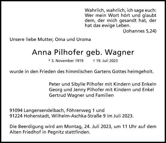 Traueranzeige von Anna Pilhofer von Nordbayerische Nachrichten Pegnitz Lokal