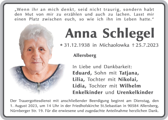 Traueranzeige von Anna Schlegel von Roth-Hilpoltsteiner Volkszeitung Lokal