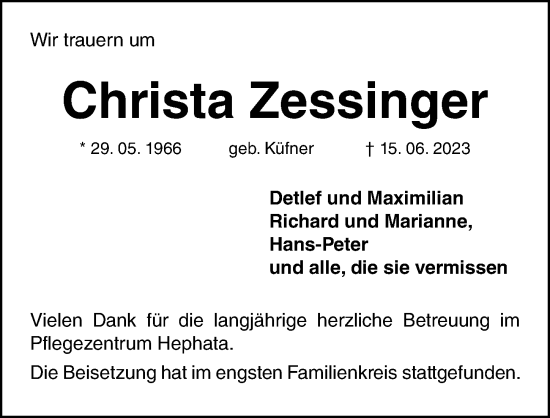 Traueranzeige von Christa Zessinger von Gesamtausgabe Nürnberger Nachrichten/ Nürnberger Ztg.