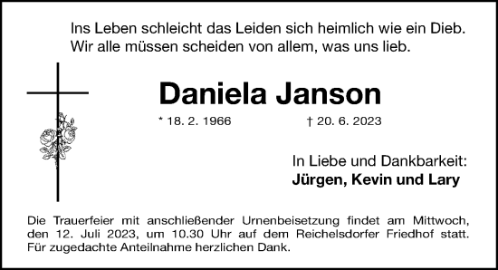 Traueranzeige von Daniela Janson von Gesamtausgabe Nürnberger Nachrichten/ Nürnberger Ztg.