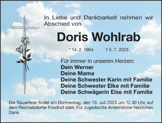 Traueranzeige von Doris Wohlrab von Gesamtausgabe Nürnberger Nachrichten/ Nürnberger Ztg.