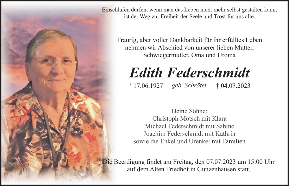 Traueranzeige für Edith Federschmidt vom 06.07.2023 aus Altmühl-Bote Lokal