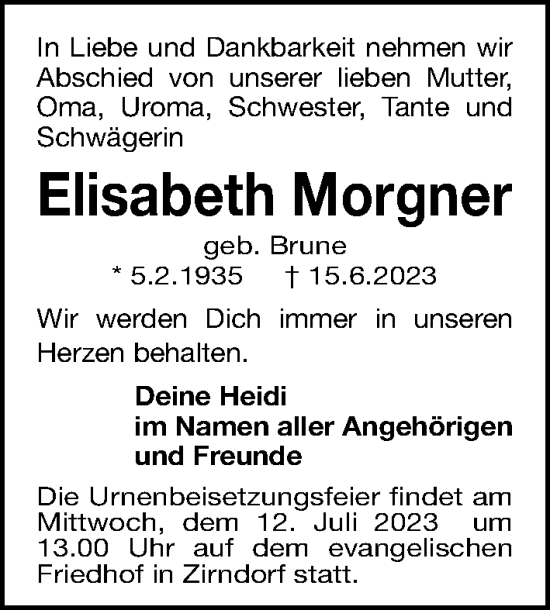 Traueranzeige von Elisabeth Morgner von Fürther Nachrichten Lokal