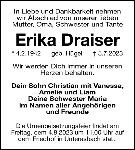 Traueranzeige von Erika Draiser von Fürther Nachrichten Lokal