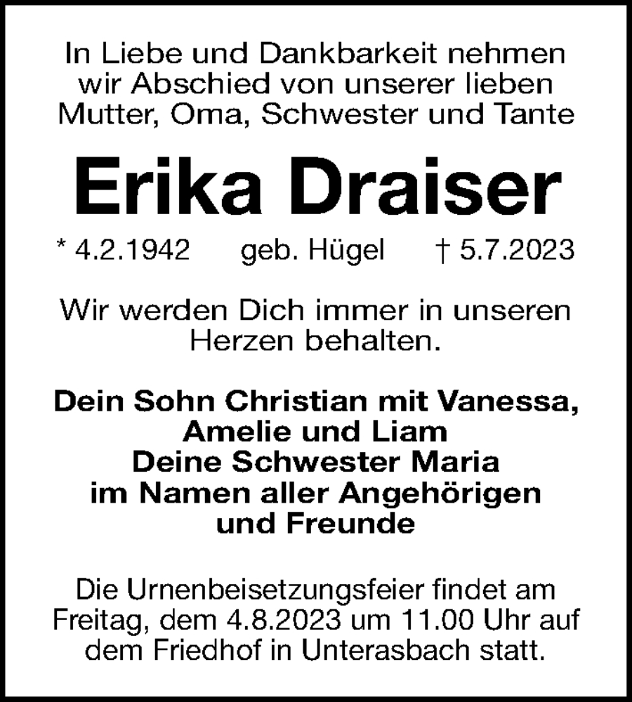  Traueranzeige für Erika Draiser vom 29.07.2023 aus Fürther Nachrichten Lokal