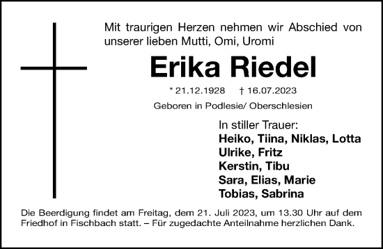 Traueranzeige von Erika Riedel von Gesamtausgabe Nürnberger Nachrichten/ Nürnberger Ztg.