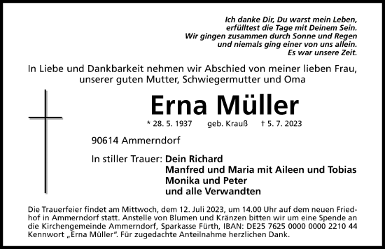 Traueranzeige von Erna Müller von Fürther Nachrichten Lokal