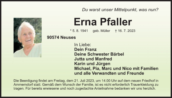 Traueranzeige von Erna Pfaller von Fürther Nachrichten Lokal