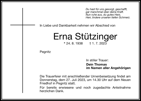 Traueranzeige von Erna Stützinger von Nordbayerische Nachrichten Pegnitz Lokal