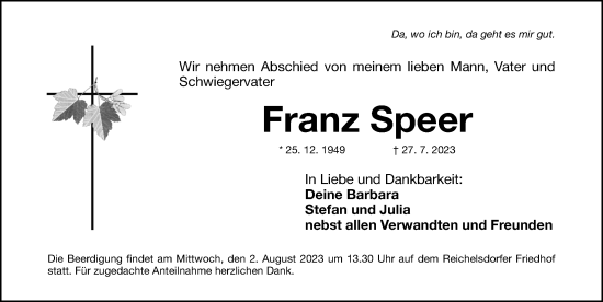 Traueranzeige von Franz Speer von Gesamtausgabe Nürnberger Nachrichten/ Nürnberger Ztg.