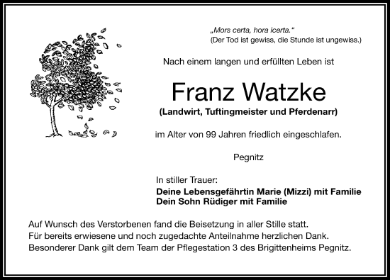 Traueranzeige von Franz Watzke von Nordbayerische Nachrichten Pegnitz Lokal