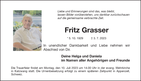 Traueranzeige von Fritz Grasser von Gesamtausgabe Nürnberger Nachrichten/ Nürnberger Ztg.