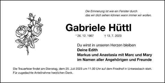 Traueranzeige von Gabriele Hüttl von Fürther Nachrichten Lokal