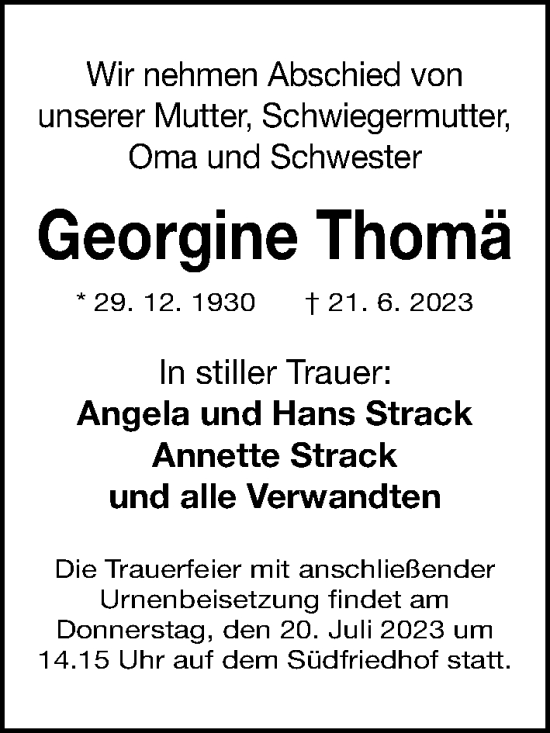Traueranzeige von Georgine Thomä von Gesamtausgabe Nürnberger Nachrichten/ Nürnberger Ztg.
