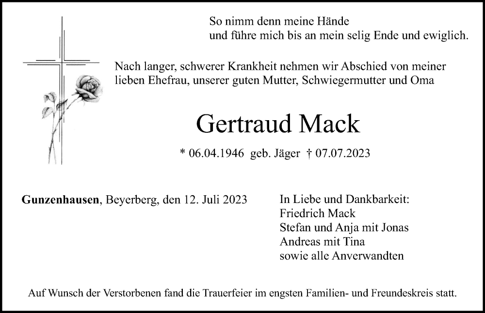  Traueranzeige für Gertraud Mack vom 12.07.2023 aus Altmühl-Bote Lokal
