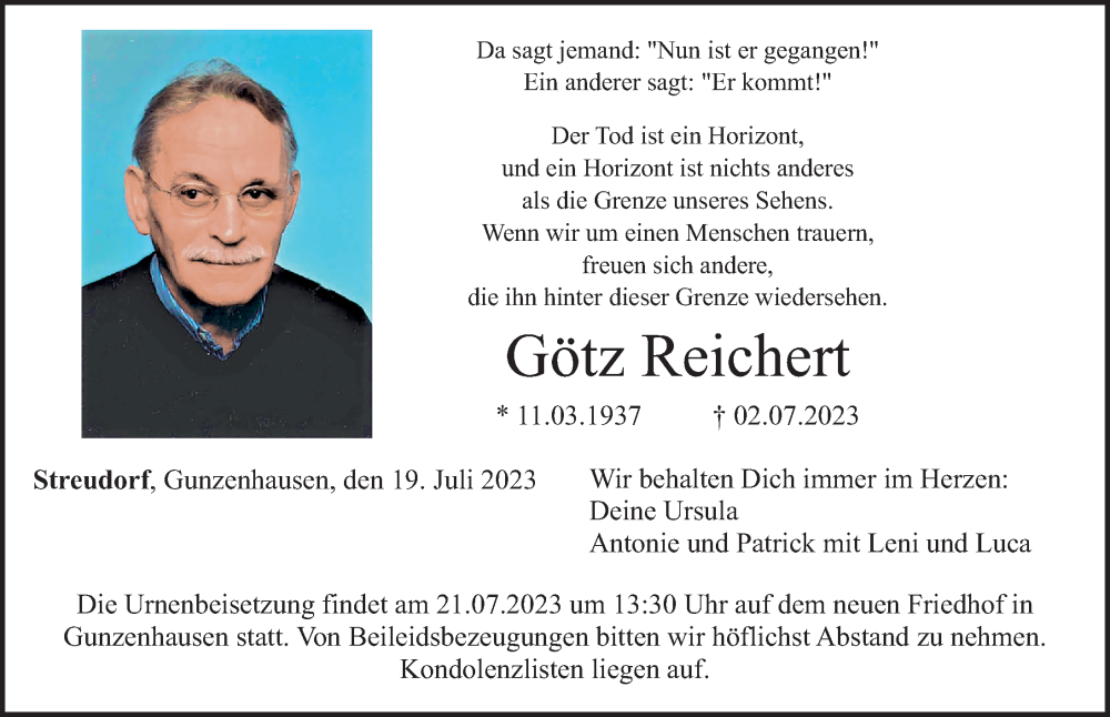  Traueranzeige für Götz Reichert vom 19.07.2023 aus Altmühl-Bote Lokal