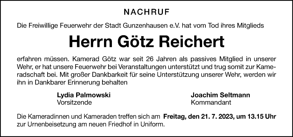  Traueranzeige für Götz Reichert vom 20.07.2023 aus Altmühl-Bote Lokal