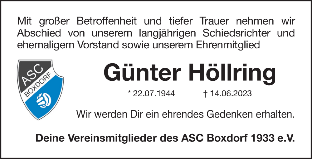  Traueranzeige für Günter Höllring vom 08.07.2023 aus Gesamtausgabe Nürnberger Nachrichten/ Nürnberger Ztg.