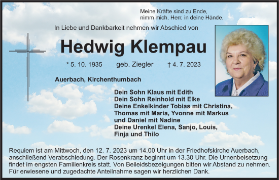 Traueranzeige von Hedwig Klempau von Nordbayerische Nachrichten Pegnitz Lokal